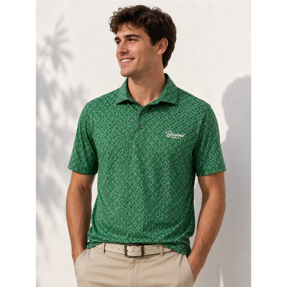 Barstool Golf Green Geometric Polo Shirt Performance Stretch Preppy Size Large